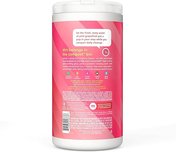 Method All-Purpose Cleaning Wipes, Pink Grapefruit, Multi-Surface, Compostable, 70 Count (Pack of 3)-DeskLoop Office