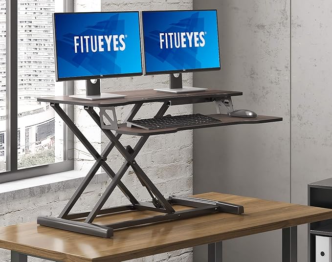 FITUEYES Height Adjustable Standing Desk 32” Wide Sit to Stand Converter Stand Up Desk Tabletop Workstation for Laptops Dual Monitor Riser Brown SD308002WE-DeskLoop Office