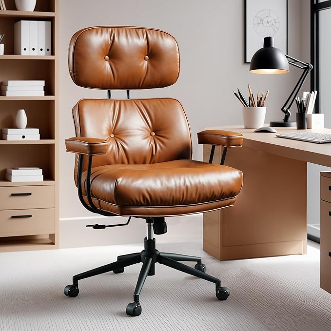 ovios Home Office Chair, Mid-Century Modern Faux PU Leather Chairs with Lumbar Support Comfy Thick Cushion, High Back Ergonomic Swivel Rolling Executive Armchair (Brown, PU Leather)-DeskLoop Office