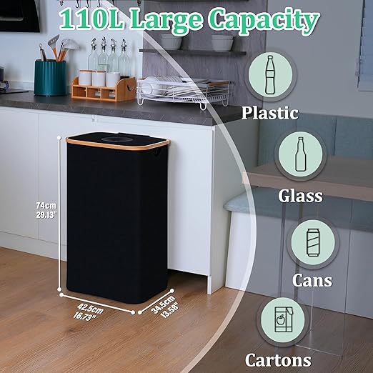 29 Gallons Recycling Bins for Kitchen, Indoor Recycle Bins with Lid, 110L Large Recycle bin with 2 Removeable Reusable Inner Bags, for Bottles Cans Glass Plastice Cartons(Black)-DeskLoop Office