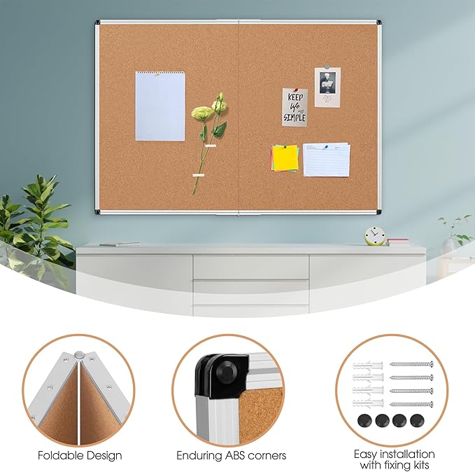 Board2by Extra Large Cork Bulletin Board 60" X 48", Foldable Notice Pin Board for Wall, Silver Aluminum Framed 5'x4' Corkboard, Wall Mounted Noticeboard with 36 Push Pins for School, Home & Office-DeskLoop Office