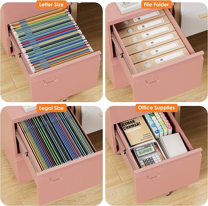 Aobabo Metal 2 Drawer Office File Cabinet with Lock, Under Desk Office Steel Files Cabinet on Wheels, 25.6''H Legal/Letter A4 Size, Assembly Required, Pink-DeskLoop Office