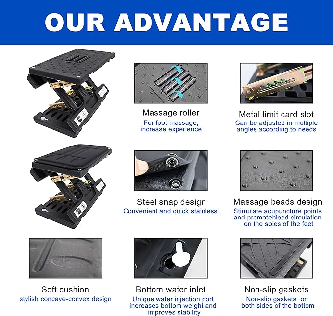 Adjustable Foot Rest and Footstool Under Desk, Ergonomic Leg Rest with Massage Roller, Height & Angle Adjustable, Detachable Cushion for Office and Home (Black)-DeskLoop Office