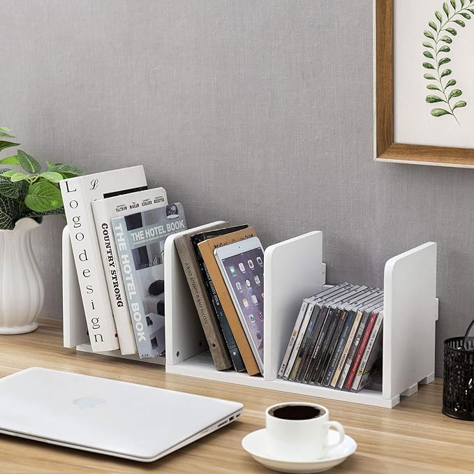 MyGift White Wood Desktop Bookshelf Organizer, Expandable Adjustable Display Shelf Book Rack-DeskLoop Office