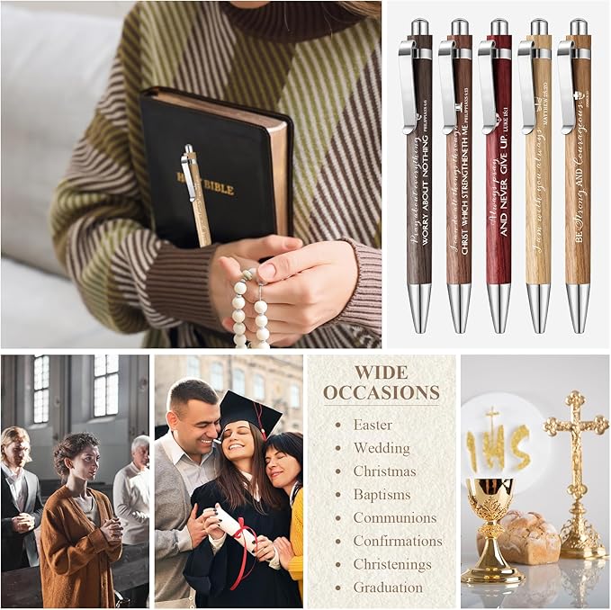 50 Pack Bible Verse Bamboo Retractable Ballpoint Pens Christian Inspirational Bible Verse Ballpoint with Black Ink Pen for Journal Writing Office Supplies Religious Gifts for Men Women(Wood Color)-DeskLoop Office