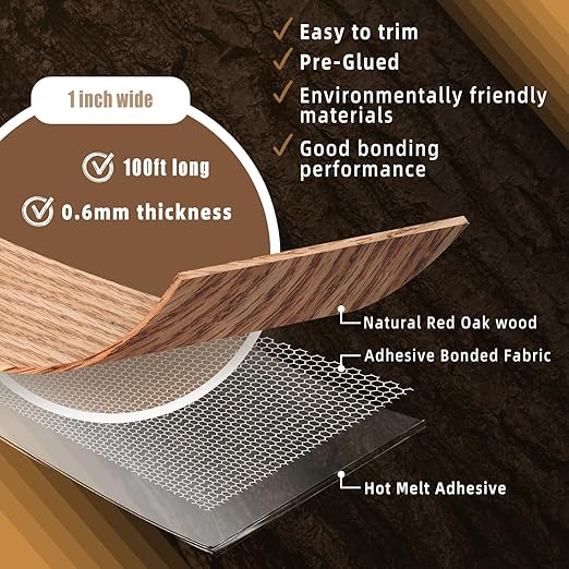 GSCIT Club Red Oak Edge Banding, 1 inch x 100ft roll of Veneer Plywood Edge Banding Preglued Flexible, Wood Tape Banding for Cabinet Repair