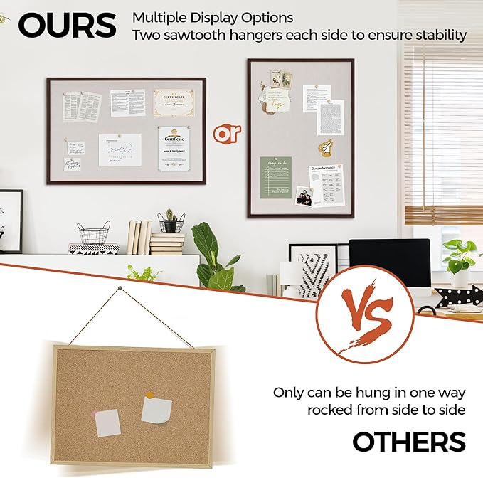 Fun Memories Cork Board Bulletin Board for Office, 24" x 36" Pine Wooden Framed Corkboard, Wall Mounted Notice Pin Board for School Home & Office, Dark Walnut-DeskLoop Office