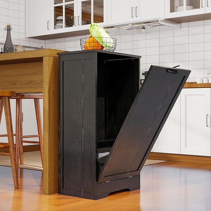 Tilt Out Kitchen Trash Can Cabinet, Pet Proof Wooden Kitchen Garbage Can with Lid, Hidden Laundry Basket Organizer, 10 Gallon Free Standing Bathroom Laundry Hamper Cabinet, Black-DeskLoop Office