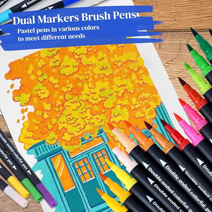24 Colored Dual Tip Markers Fine & Brush Pens - No Bleeding, Coloring Markers for Adult, Sketching, Drawing, Journaling Art Marker Set-DeskLoop Office
