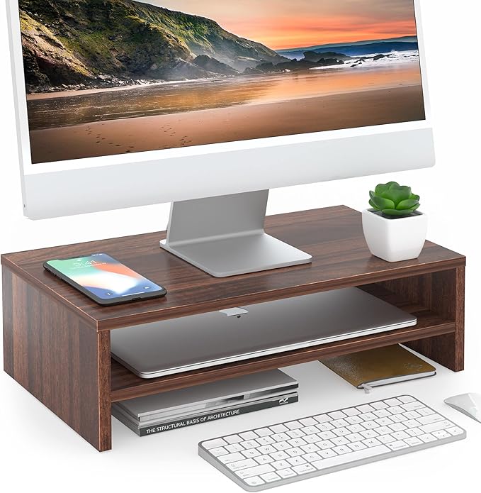 FITUEYES Monitor Stand - 2 Tier Computer Monitor Riser Shelf, Wood Desktop Stand for Laptop Computer Screen, Desk Organization, Office Supplies-DeskLoop Office