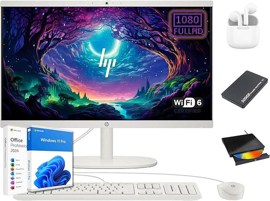 HP 22 inch FHD All-in-One Desktop Computer PC 2025 Flagship, 64GB RAM, 2.5TB Storage (2TB SSD + 500GB Ext), Intel Celeron CPU, Webcam, WiFi 6, HubxcelAccessory, Win 11 Pro, Lifetime Office 2024-DeskLoop Office