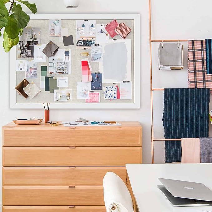 Cork Board Bulletin Board 18" x 24", Large Linen Corkboards with Frame for Walls, Cute Picture Display Pin Board Vision Board for Room School Office Bedroom 20 Pushpins Vintage White-DeskLoop Office