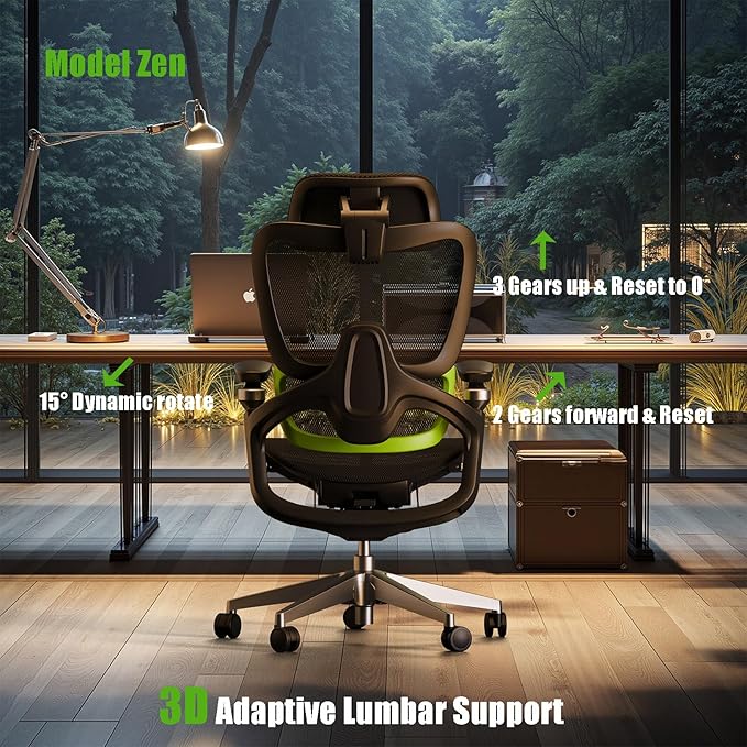 Ergonomic Office Chair, Mesh Home Office Desk Chair with Adaptive Lumbar Support, Gaming Chair with Headrest, 5D Armrest,90-130°Tilt, BIFMA Certified, Model Zen (Green)-DeskLoop Office