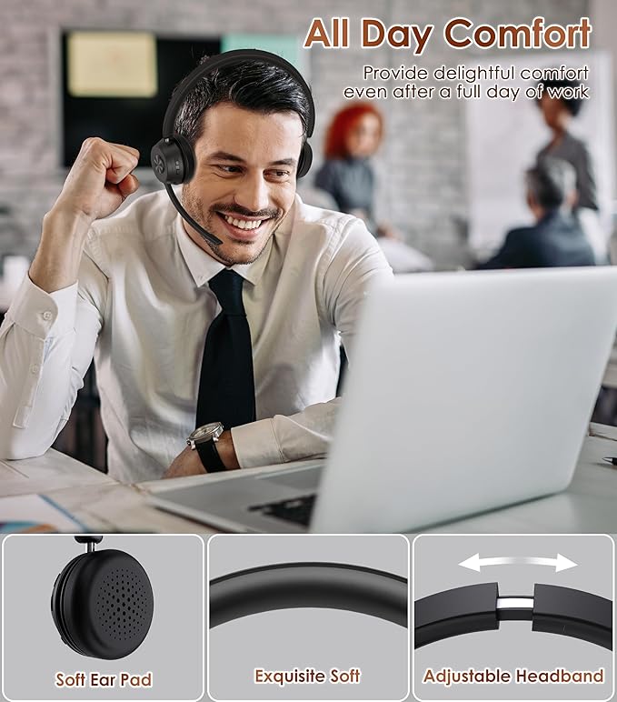 (Upgraded Version) Wireless Headset, Bluetooth Headset with Noise Cancelling Microphone, Best Headphones with Mic Mute & USB Dongle for PC/Computer/Laptop/Cell Phones/Remote Work/Call Center-DeskLoop Office
