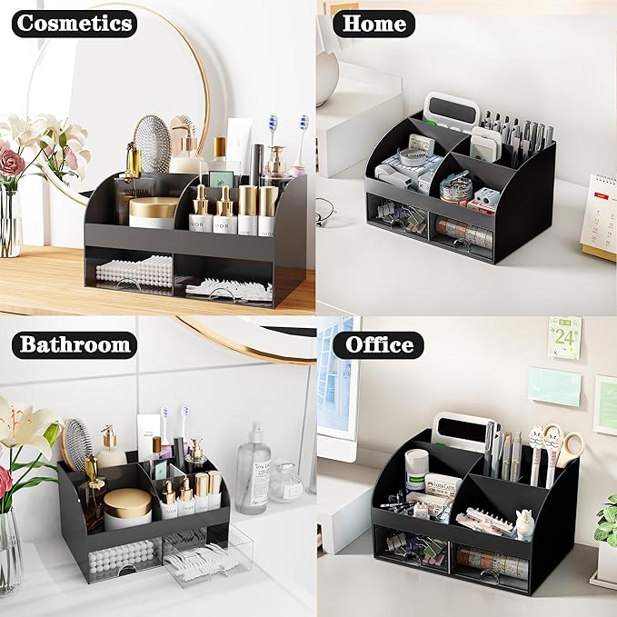 Black Desk Accessories with Pen Holder, Office Supplies Desk Organizers and Accessories, Tape Dispenser, Stapler, Staple Remover, Staples, Clips Set, Ruler, Scissor, Pen, Tape (Black)-DeskLoop Office