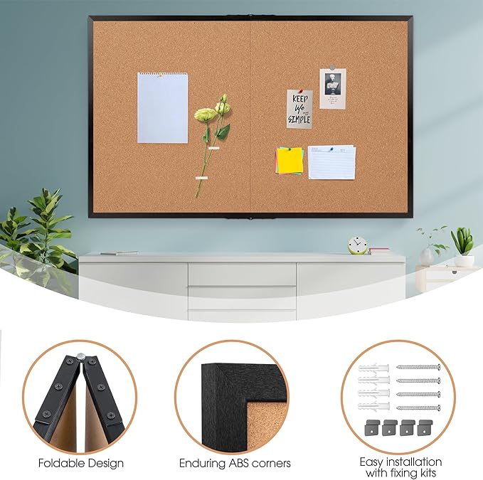 Board2by Extra Large Cork Bulletin Board 72" X 48", Foldable Notice Pin Board for Wall, Black Wood Framed 6'x4' Corkboard, Wall Mounted Noticeboard with 32 Push Pins for School, Home & Office-DeskLoop Office