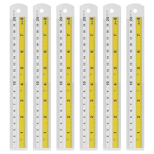 HARFINGTON 6pcs Metal Straight Ruler 20cm Metric SAE Aluminum Alloy Measuring Rulers Scale Tool with Hole for Measure Study Reading Classroom Office, Yellow-DeskLoop Office