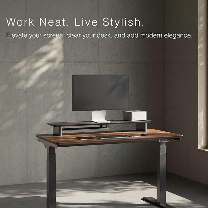 Walnut Dual‑Tier Monitor Stand for Modern Desk Setup – Minimalist Wooden Riser Shelf for Dual Monitors, Laptops, Home Office Aesthetic (Dark Walnut, Large)-DeskLoop Office