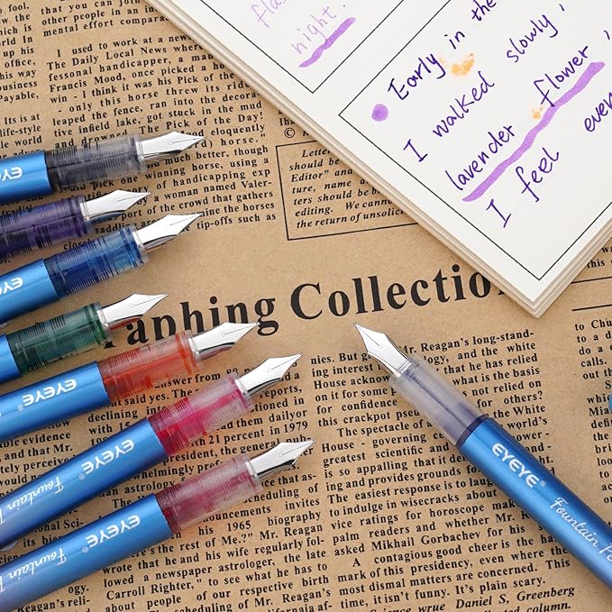 EYEYE Disposable Fountain Pens for Writing, Medium Point Stainless Steel Nib, Pack of 8 Assorted Colors-DeskLoop Office
