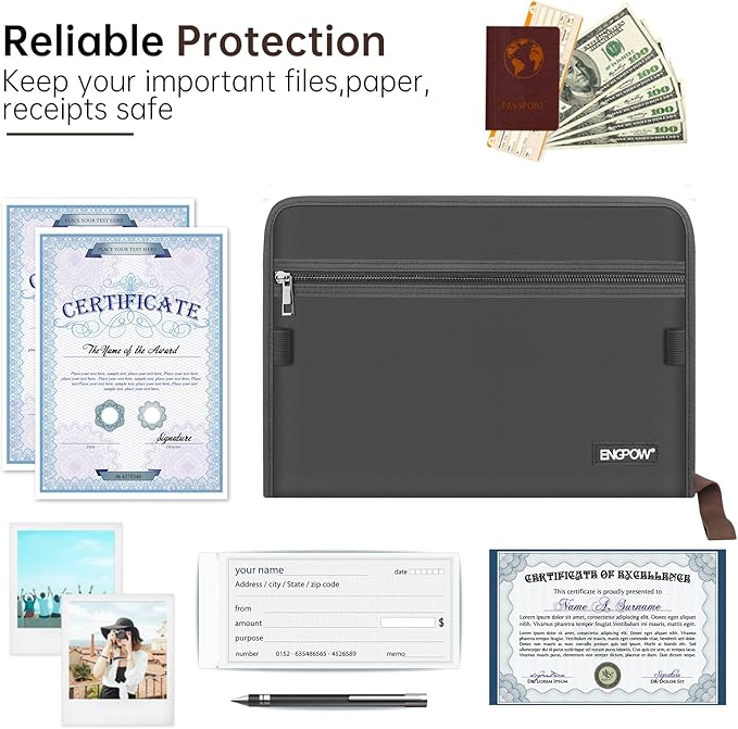 ENGPOW Accordion File Organizer,Fireproof 13 Pockets Expanding File Folder,Document Organizer Folder with Zipper&Labels,Portable Home Travel Safe Storage for Letter A4 Files and More,Gray-DeskLoop Office