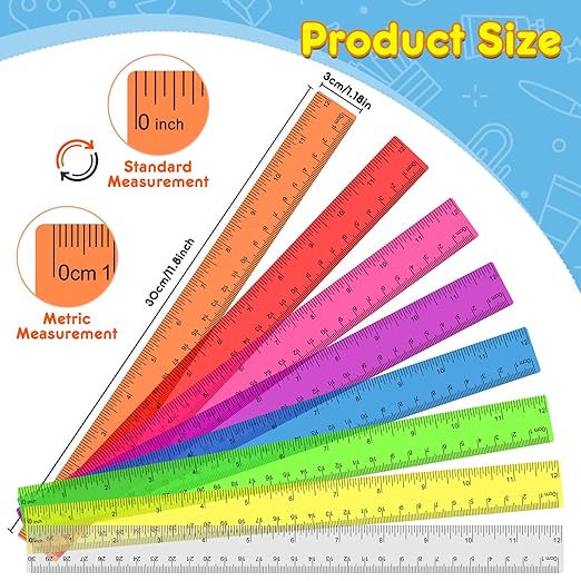 64 Pack Plastic Ruler 12 Inch in Bulk, Plastic Rulers in Assorted Colors, Clear Ruler with Inches and Centimeters, Transparent Rulers Bulk for Kids Back to School, Classroom, Office, Home Supplies