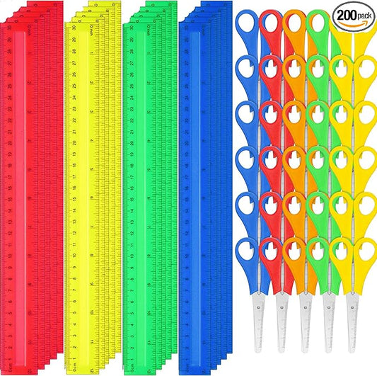 PerKoop 200 Pcs School Supplies with 100 Pcs Safety Blunt Tip Student Scissors 100 Pcs 12 Inch Plastic Rulers Back to School Supply Kit for Operation Christmas Charity Donation Supplies (Vivid Color)-DeskLoop Office