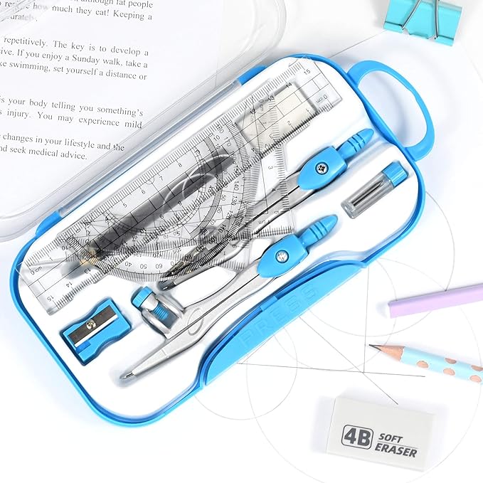 10 Pieces Math Geometry Kit Set Student Supplies with Shatterproof Storage Box,Includes Rulers,Protractor,Compass,Eraser,Pencil Sharpener,Lead Refills,Pencil,for School and Drawings(Blue)-DeskLoop Office