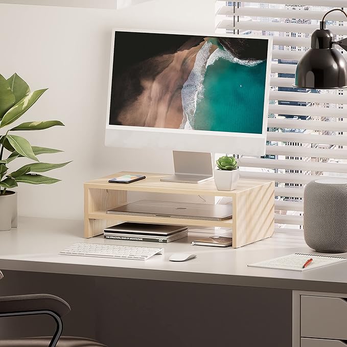 FITUEYES Monitor Stand - 2 Tier Computer Monitor Riser Shelf, Wood Desktop Stand for Laptop Computer Screen, Desk Organization, Office Supplies-DeskLoop Office