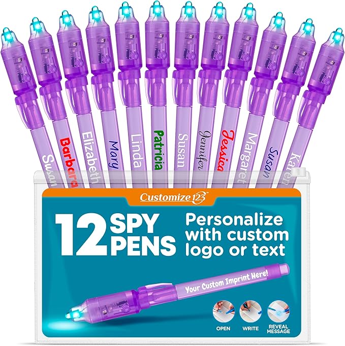 Personalized Invisible Disappearing Ink Pen Marker, Custom Secret Spy Message Writer with UV Light, Fun Activity for Kids Party Favors Gifts and Stock Stuffers, 12 Pack, Purple-DeskLoop Office
