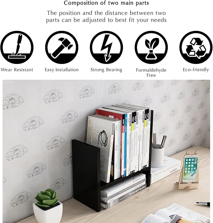 Jerry & Maggie Desktop Organizer Office Storage Rack Adjustable Wood Display Shelf Free Style Double H, Multi-Functional Mini Bookshelf for Desk Natural Stand (Black)-DeskLoop Office
