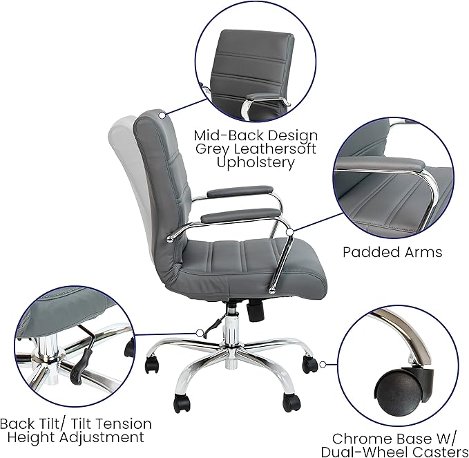 Flash Furniture Whitney Mid-Back Swivel LeatherSoft Desk Chair with Padded Seat and Armrests, Adjustable Height Padded Office Chair, Gray/Chrome-DeskLoop Office