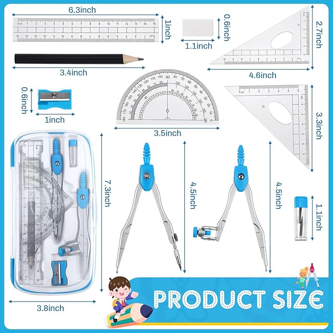 Teling 12 Sets Math Geometry Kit for Students 10 Pcs Compass Geometry Tools Set Includes Rulers Protractor Compass Eraser Pencil Sharpener Lead Refills Pencil (Blue)-DeskLoop Office