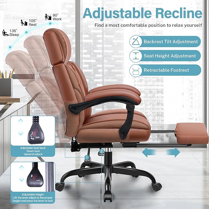 Executive Leather Office Chair, Big and Tall Office Chair with Footrest Home Office Desk Chairs, Ergonomic Computer Desk Chair with Lumbar Support, Reclining Office Chairs with Adjustable Angle-DeskLoop Office
