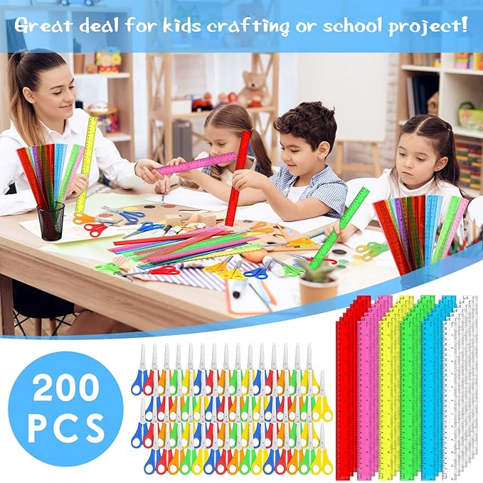 PerKoop 200 Pcs School Supplies with 100 Pcs Safety Blunt Tip Student Scissors 100 Pcs 12 Inch Plastic Rulers Back to School Supply Kit for Operation Christmas Charity Donation Supplies (Cute Color)-DeskLoop Office