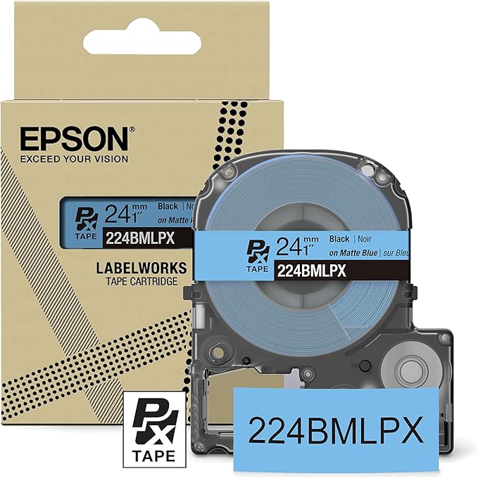 Epson LABELWORKS 224BMLPX Genuine PET (Polyester) Tape Cartridge - Black on Matte Blue Designer Craft Label Maker Tape - 1" (24MM) Wide, 26'-DeskLoop Office