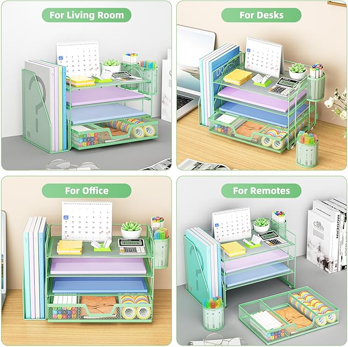 Marbrasse Desk Organizer and Accessories,4-Tier Paper Letter Tray Organizer with File Holder, Desk Accessories & Workspace Organizers with Drawer and 2 Pen Holder (Green, 15.4" x 9.1" x 8.3")-DeskLoop Office