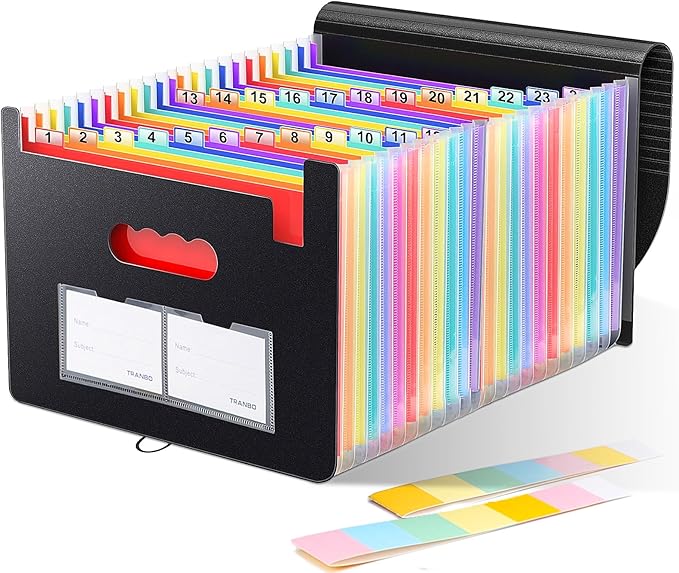 Accordion File Organizer, 24 Pockets Expanding File Folders, Portable Letter A4 Size Filing Box with Colored Labels and Expandable Cover, Monthly Bill Receipt Documents Organizer Black-DeskLoop Office