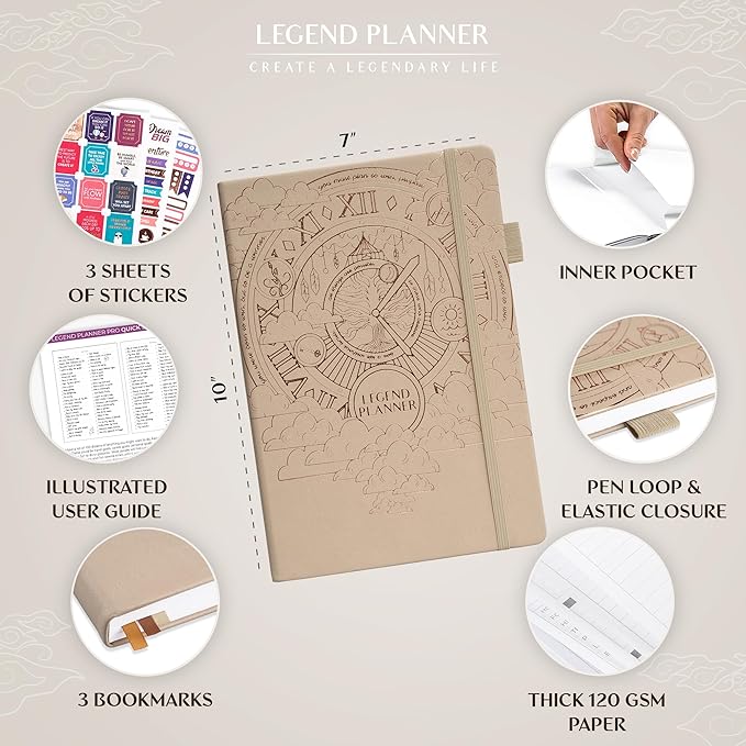 Legend Planner PRO – Deluxe Weekly & Monthly Life Planner to Increase Productivity and Hit Your Goals. Time Management Organizer Notebook – Undated – 7 x 10" Hardcover + Stickers – Seashell-DeskLoop Office