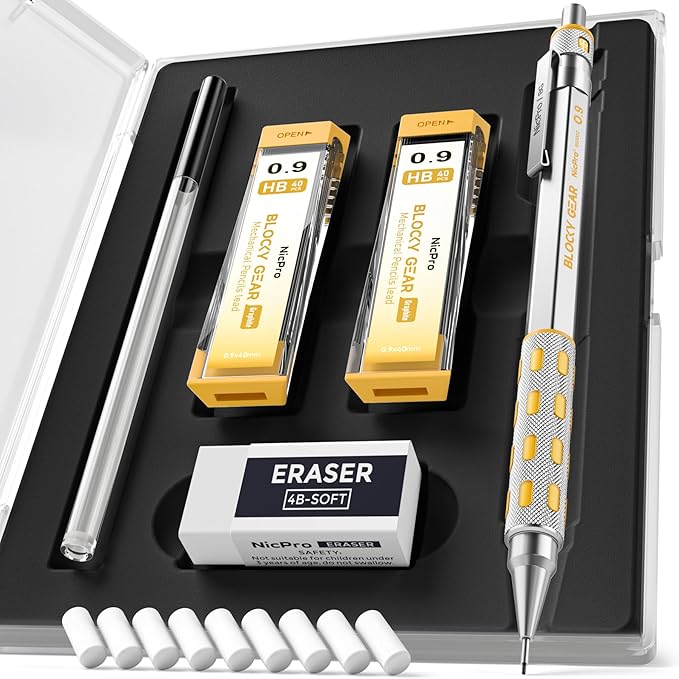 Nicpro Blocky Gear 0.9 mm Mechanical Pencils Set in Case, Metal Pencil with 0.9mm HB Lead Refills, Eraser for Professional & Adult Art Writing Drafting Drawing-DeskLoop Office
