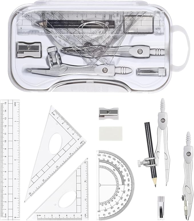 Math Geometry Sets 10 Piece Student Supplies with Shatterproof Storage Box,Includes Rulers,Protractor,Compass,Eraser,Pencil Sharpener,Lead Refills,Pencil,for Drafting and Drawings(Grey)