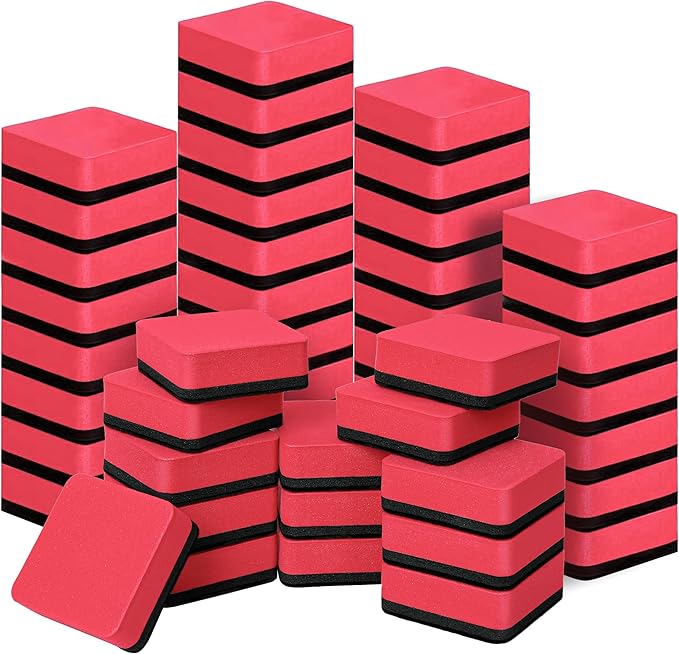 Dry Erase Erasers, 48 Pack Magnetic Whiteboard & Chalkboard Cleansers, Small Magnetic Erasers (Red)-DeskLoop Office