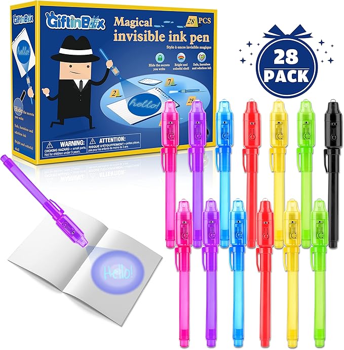 GIFTINBOX Invisible Ink Pen, 28PCS Spy Pen with UV Light for Kids, Birthday Party Favors for Kids 4-8 8-12, Classroom Prize for Students Magic Marker for Secret Message-DeskLoop Office