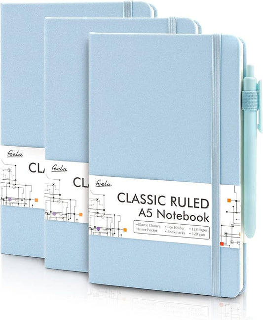 feela 3 Pack Notebooks Journals Bulk, Hardcover Notebook Classic Ruled Lined Journals with Pen Holder for Women Girls School Business Supplies, with 3 Black Pens, 120 GSM, 5.1”x8.3”, A5, Light Blue-DeskLoop Office