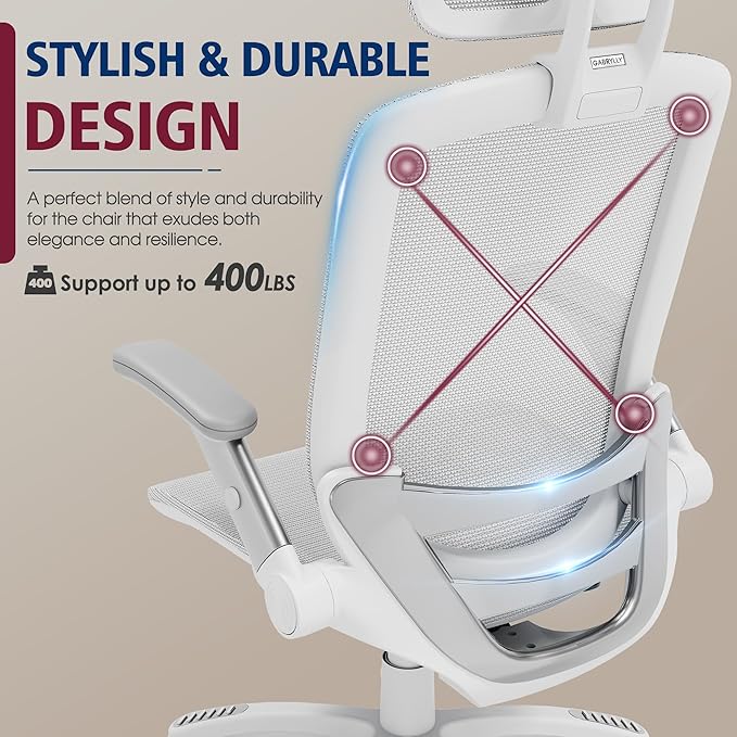 GABRYLLY Ergonomic Office Chair, High Back Home Desk Chair with Headrest, Flip-Up Arms, 90-120° Tilt Lock and Wide Cushion, 400LBS Mesh Chairs for Man Woman, White Task Chair(Grey,GY01WG)-DeskLoop Office