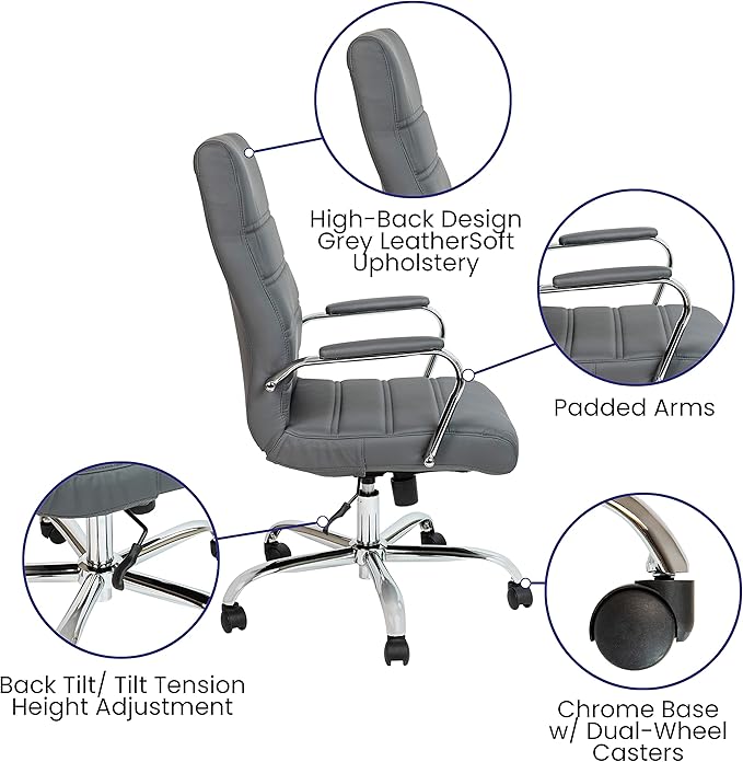 Flash Furniture Whitney High-Back Swivel LeatherSoft Desk Chair with Padded Seat and Armrests, Adjustable Height Padded Office Chair, Gray/Chrome-DeskLoop Office