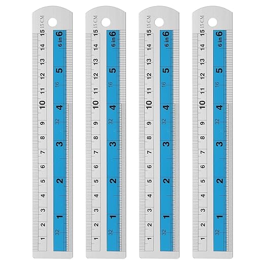 HARFINGTON 4pcs Metal Straight Ruler 15cm Metric SAE Aluminum Alloy Measuring Rulers Scale Tools with Hole for Measure Study Reading Classroom Office, Blue-DeskLoop Office