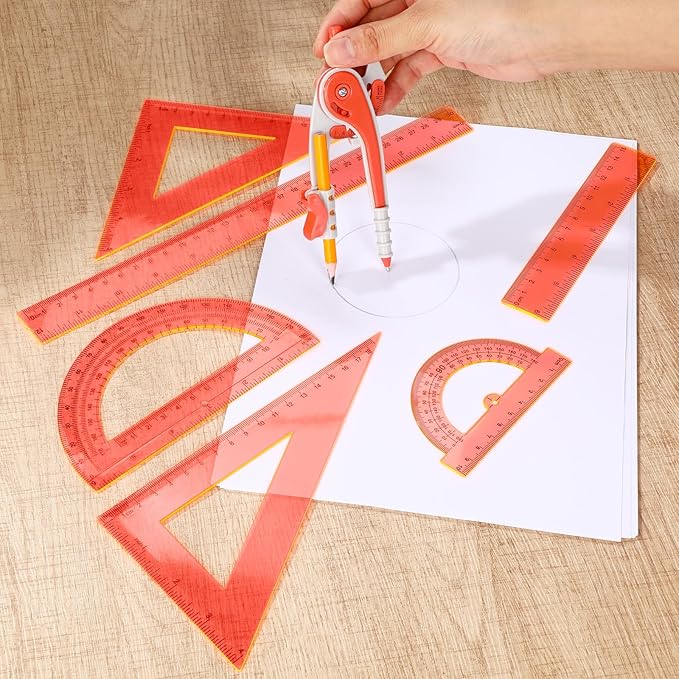 Zonon 1 Set Plastic Geometry Math Set 7 Pcs Includes 6'' / 4 '' Protractor, Drawing Compass, 45/60 Degree Triangle Rulers, 12'' / 6'' Math Ruler Transparent for Office Supplies(Orange)-DeskLoop Office