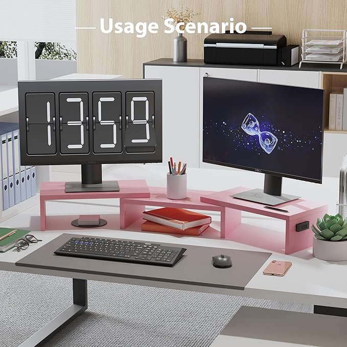 BONTEC Dual Monitor Stand Riser with Smartphone Holder, Adjustable Length & Swivel Angle, Ergonomic Wooden Desktop Organizer for PC Monitor, Laptop, Printer, Large Storage, Pink-DeskLoop Office