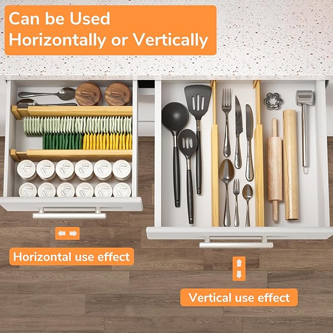 BAMEOS 4 PCS Bamboo Drawer Divider Adjustable Drawer Dividers Kitchen Drawer Organization Utensil Organizers for Kitchen Dresser Bathroom Bedroom and Office-DeskLoop Office