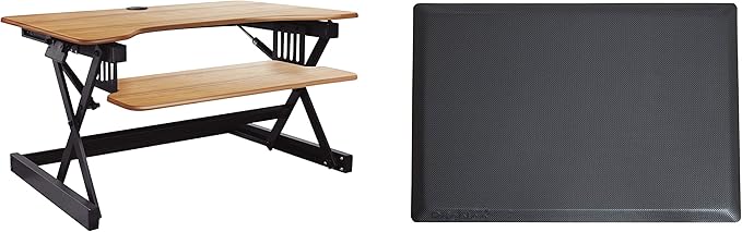 Rocelco 32" Height Adjustable Standing Desk Converter BUNDLE - Sit Stand Computer Workstation Riser with Anti Fatigue Mat - Dual Monitor Retractable Keyboard Tray - Teak Wood Grain (R EADRT-MAFM)-DeskLoop Office